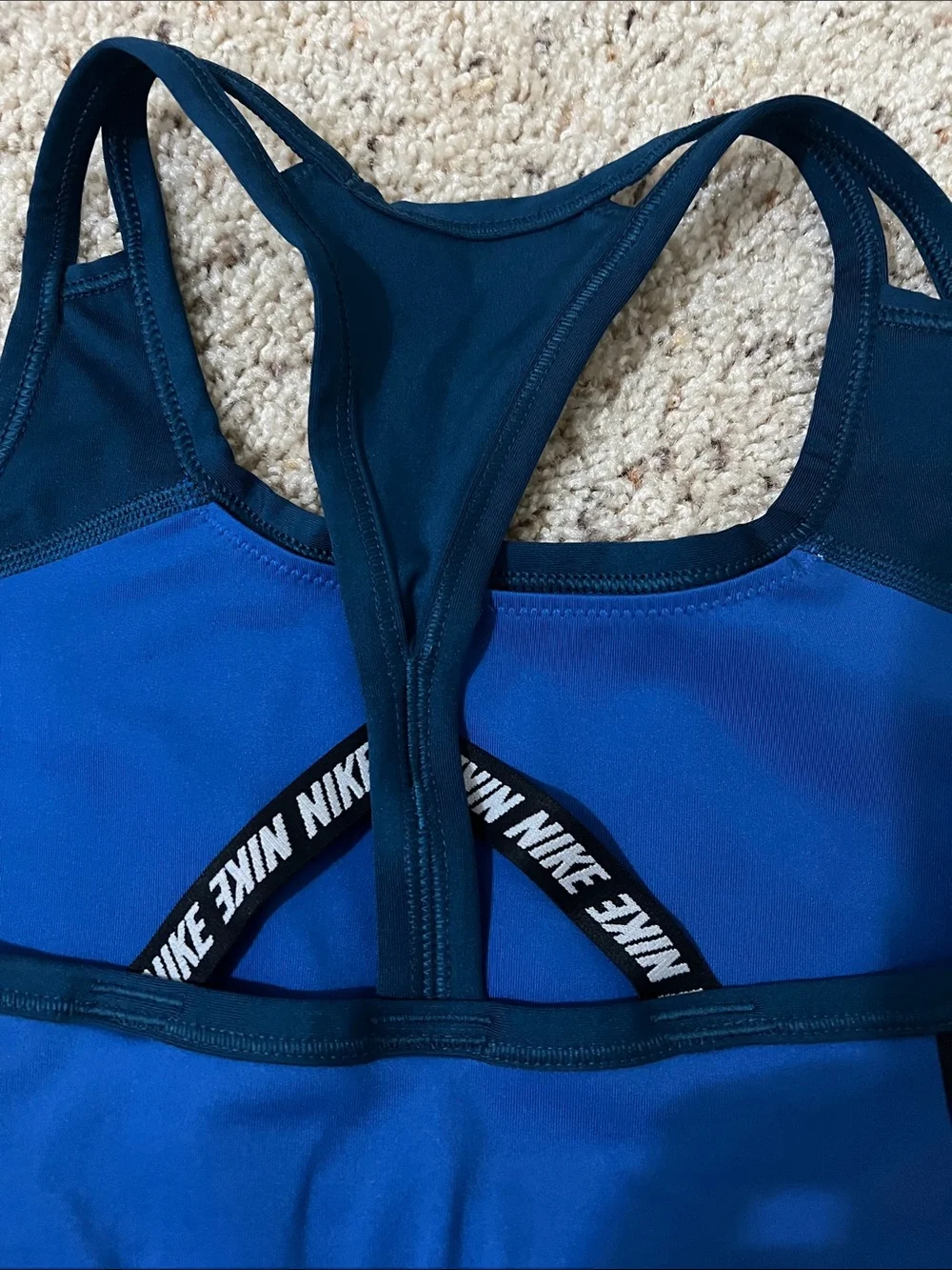 Nike Blue & Black Racerback Sports Bra with White Swoosh